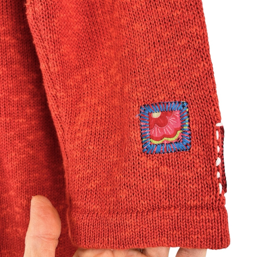 Icelandic Design Cardigan Sweater Linen Cotton Button Front Orange Patchwork M - Picture 8 of 14